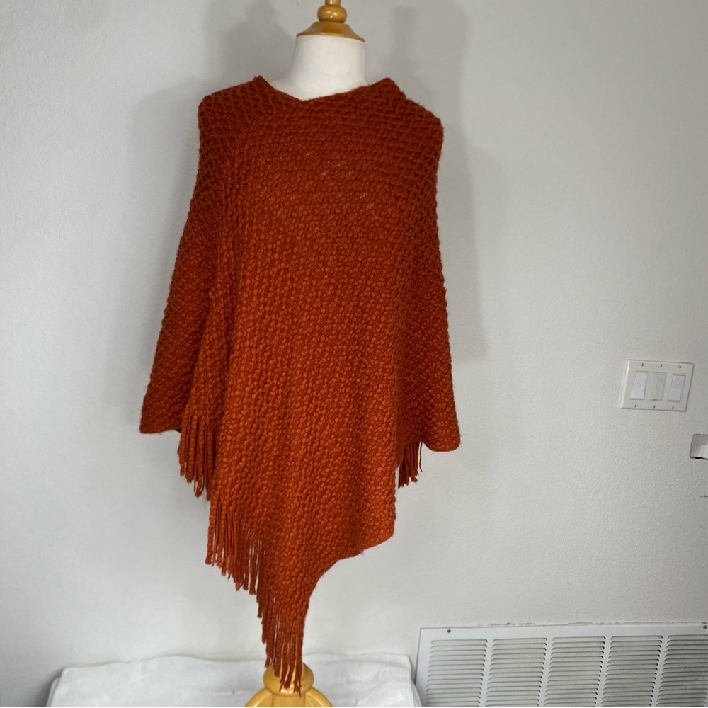 Kimberly C. Women's Brick Red Bobble Knit Fringe Acrylic Poncho O/S Cottagecore